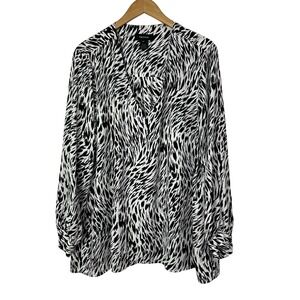 Karen Kane Popover Blouse Womens‎ 2X Black White Animal Print Career Chic Office